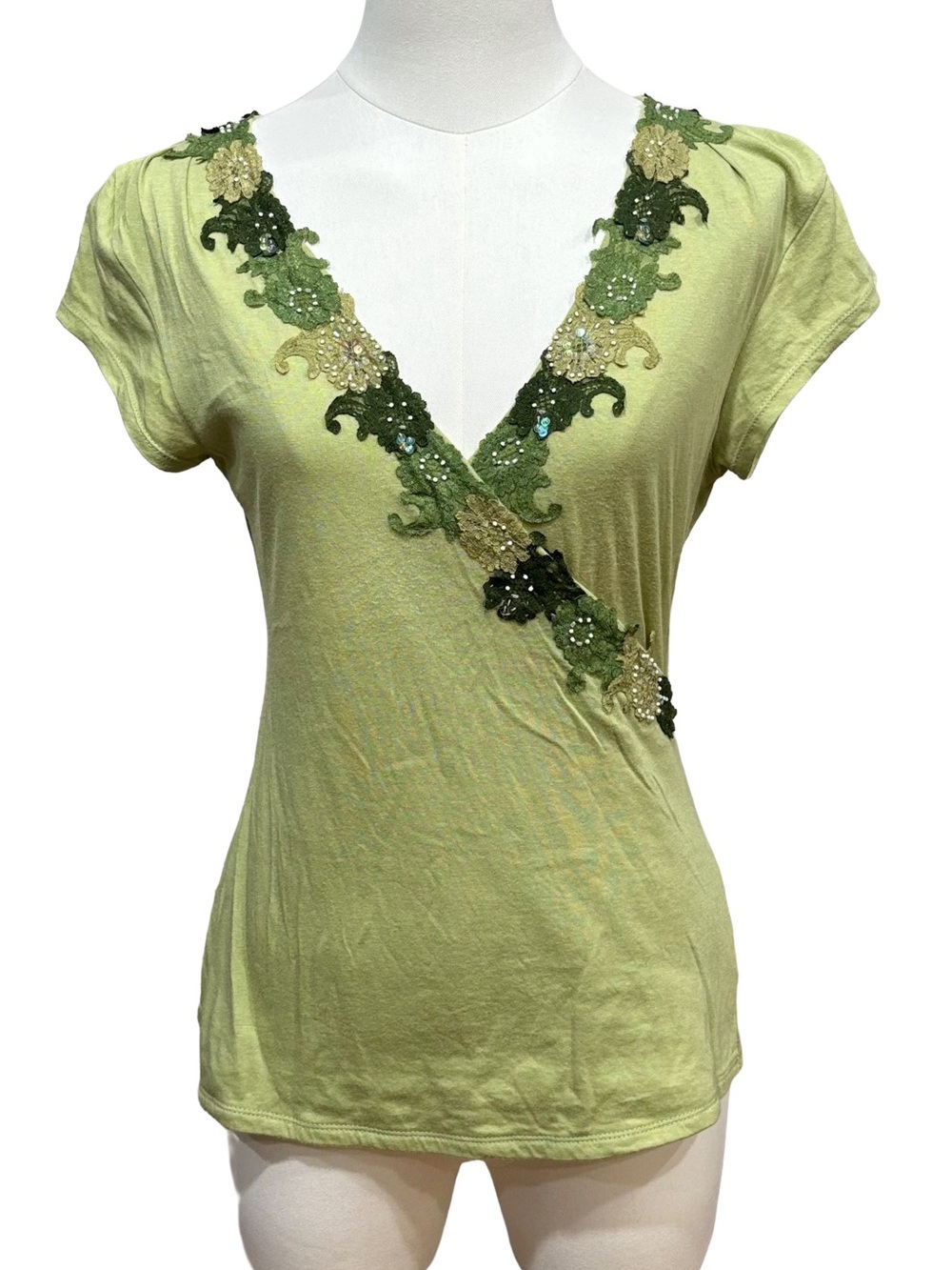2/$60 ANTHRO Sweetees Embellished V-Neck wrap Short Sleeve Tee Floral embellish